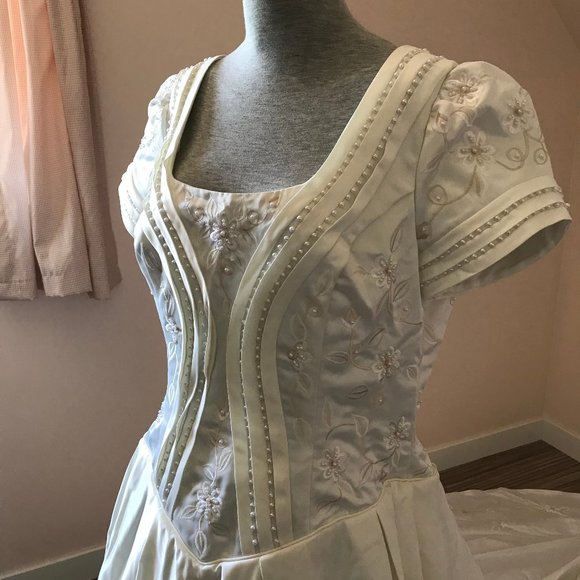 Bridal Originals Embroidered Satin Short Sleeve Wedding Gown with Train - Picture 4 of 14